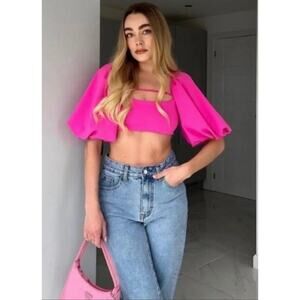 Zara Pink Cropped Puffy Sleeve Top